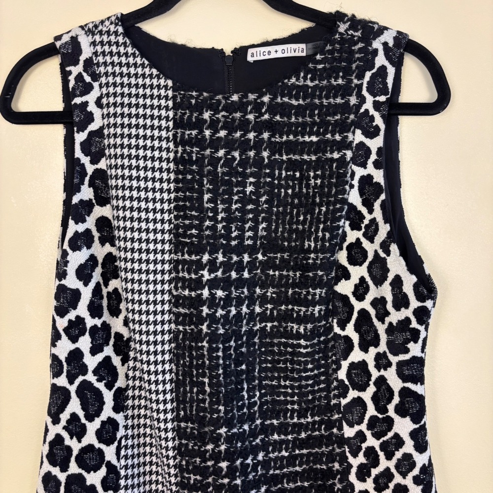 ALICE + OLIVIA Clyde Pattern Mix Wool Shift Dress Black/White Women Size 6 Tweed - Picture 4 of 11
